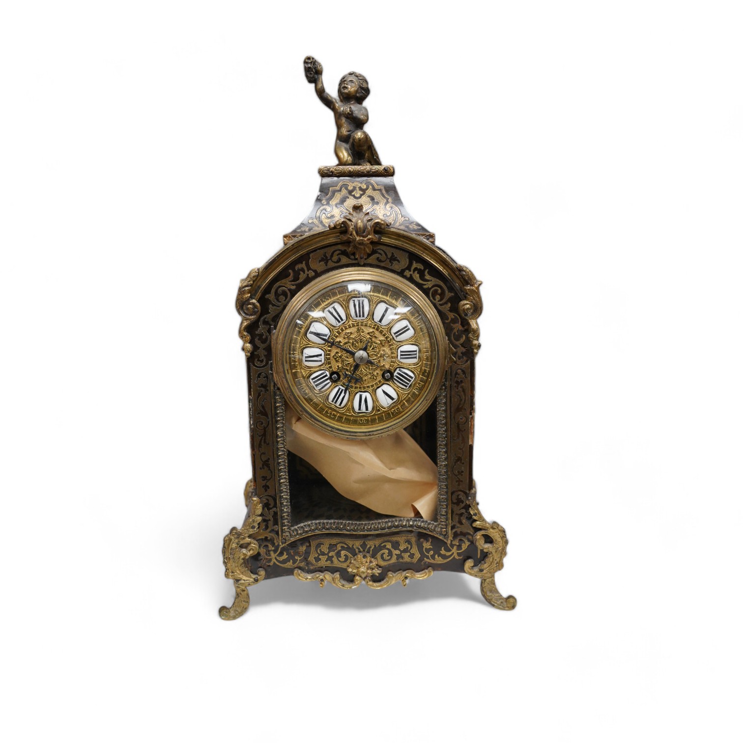 A late 19th century French boulle work mantel clock, with key and pendulum, 40cm. Condition - fair to good, generally worn, not tested as working